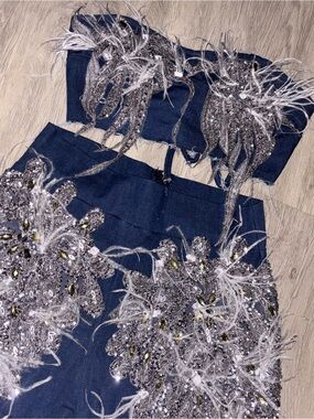 Embellished Navy Two-Piece Set with Feather & Crystal Appliqué